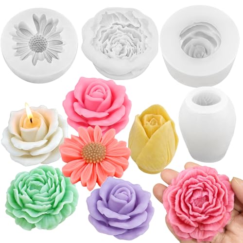4 Pcs Flower Silicone Molds Set, 3D Floral Silicone Molds Daisy, Peony, Rose, Tulips, Easy Release, Ideal for DIY Candles, Soap, Epoxy Resin Casting Mom Gifts