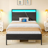 Rolanstar Bed Frame Twin Size with Charging Station, LED Twin Bed Frame with Wood Headboard, Platform Bed with Metal Slats & Under Bed Storage, No Box Spring Needed, Noise Free, Black Oak Rolanstar