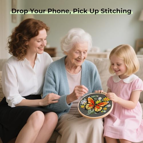 HTVRONT Embroidery Kit for Beginners, Butterfly Embroidery Kits with Step-by-Step Video Tutorials, Simple 6 Stitches Beginner Embroidery Kit for Adult Crafts