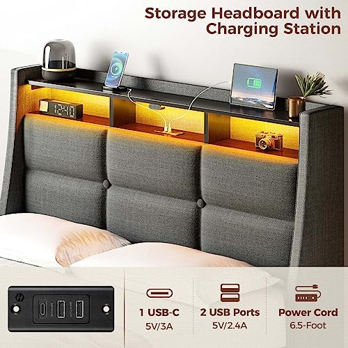 Rolanstar Twin Size Bed Frame with LED Lights and Charging Station, Upholstered Bed Storage Headboard & Drawers, Heavy Duty Wood Slats, Easy Assembly Rolanstar