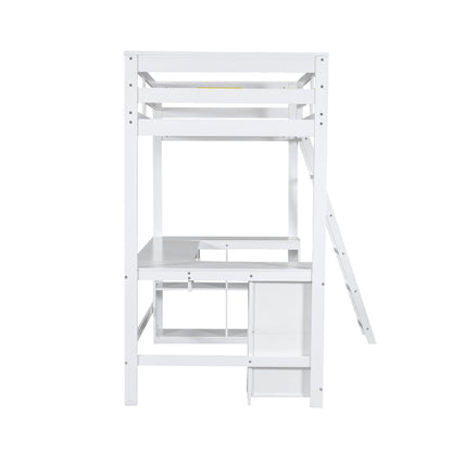 Harper & Bright Designs White Twin Size Loft Bed with U-Shaped Desk, Drawers, and Storage Shelves - WoodArtSupply