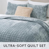 RECYCO Luxury Velvet Quilt Set, California King 118'' x 106'' Oversized Bedspread, Ultra Soft Velvet Comforter, Lightweight Box Stitch Bedding Sets for All Season, with 2 Shams, Blue Linen RECYCO