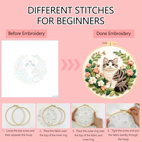 Zhenqing Gray Cat Embroidery Kit for Beginners, Pre-Printed 29x29cm Cotton Fabric with 20cm Hoop, Cute Striped Cat in Floral Wreath Design (C0245)
