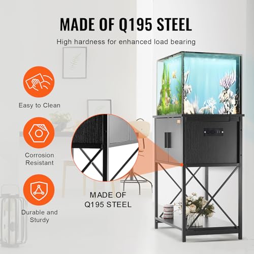 VEVOR Aquarium Stand, 20 Gallon Fish Tank Stand, 25.6 x 16.5 x 31.9 in Steel and MDF Turtle Tank Stand, 167.6 lbs Load Capacity, Reptile Tank Stand with Storage Cabinet and Embedded Power Panel, Black VEVOR