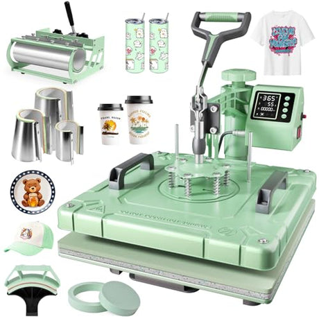 Seeutek 8 in 1 Heat Press Machine 15x15 Inch, Swing Away Digital Sublimation Heat Transfer Press with 20oz & 30oz Tumbler Attachments for T-Shirts, Mugs, Hats & Plates, Green Seeutek