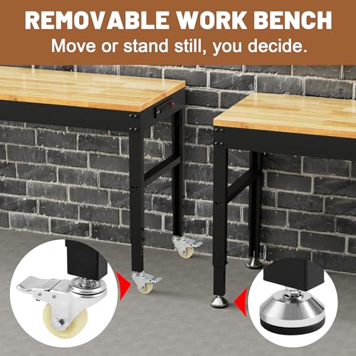 Antifir 48" Heavy Duty Workbench 1800 Lbs Capacity Solid Wood Working Bench Adjustable Height Rolling Work Tables with Power Outlets for Garage Shop Home Office Antifir