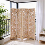 Leaf-Carved Room Divider Folding Privacy Screen, 67 Inch Tall Wooden Carved Room Divider, Portable Divider for Room Separation, Boho Room Partitions for Home Office (Natural) ZFFURN
