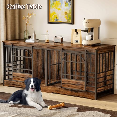 COZPAW 78 Inch Double Dog Crate Furniture, Extra Large Dog Kennel Indoor for 2 Dogs, Heavy Duty Dog Cage with Divider, Wooden Dog House Decorative Table TV Stand for XLarge Dogs (Cognac Brown) COZPAW
