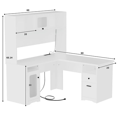 Unikito L Shaped Desk with Drawers, 60 Inch Office Desk with Power Outlet and LED Lights, Sturdy Corner Computer Desk with Hutch and File Cabinets, 2 Person Home Office Gaming Table, White - WoodArtSupply