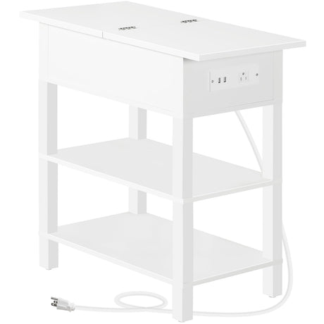 HOOBRO End Table with Charging Station, Flip Top Side Table with USB Ports, Narrow Nightstand Bedside Tables with Storage Shelves, for Small Space, Living Room, White WT141UBZ01 HOOBRO