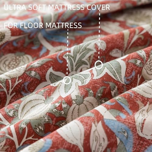 Arzocolia 100% Cotton Futon Cover for Japanese Futon Floor Mattress with Zipper Twin Full Queen Machine Washable Super Soft (Red Toned Flower, Full) Arzocolia