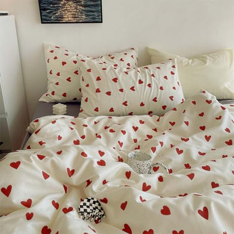 Nayoroom Heart Duvet Cover Twin Size Cute Red Love Heart Printed on White Bedding Set 2Pcs Kids Girls Kawaii Heart-Shaped Pattern Comforter Cover with Zipper Closure Soft Breathable Microfiber Nayoroom