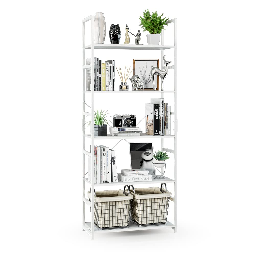 NUMENN 5 Tier Bookshelf, Tall Bookcase Shelf Storage Organizer, Modern Book Shelf for Bedroom, Living Room and Home Office, White NUMENN