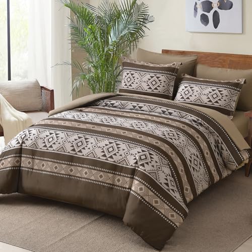 Anibedding Brown Comforter Set Queen 7 Pieces Boho Western Bedding Set for All Season, Aztec Bed in a Bag Queen Soft Microfiber Comforter Set with Sheets, Pillowcases & Shams Anibedding