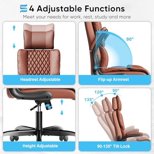Sytas Executive Office Ergonomic Chair with Adjustable Headrest, PU Leather Desk Chair, High-Back Swivel Task Chair for Home Office, 135° Reclining, Brown Sytas