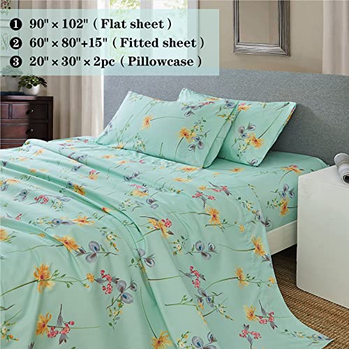 JSD Green Floral Printed Sheet Set Queen Size, 4 Piece Soft Botanical Microfiber Sheets Extra Deep Pocket JSD