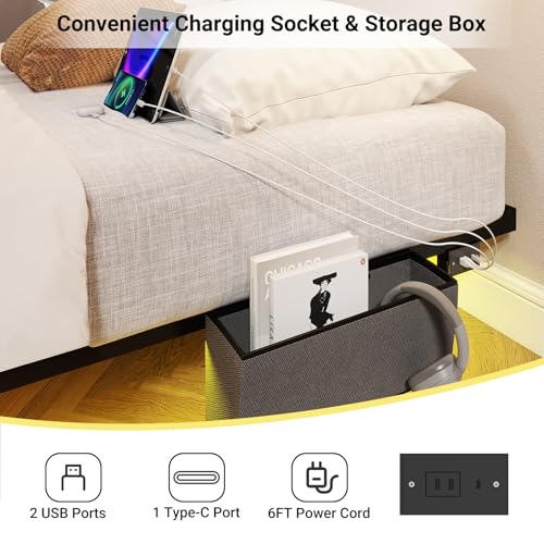 Zevemomo Floating Queen Bed Frame with LED Light, Heavy-Duty Metal Platform Queen Bed Frame Floating with Charging Station, Easy Assembly, No Box Spring Needed, Black Zevemomo
