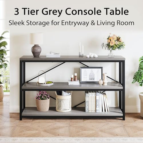 LVB Farmhouse Entryway Table, Metal Wood Console Table for Hallway, Industrial Rustic Sofa Table with 3-Tier Storage Shelf, Modern Entry Table for Foyer Front Home Living Room, Light Grey Oak, 47 inch LVB