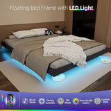 Muluflower Floating Bed Frame Queen Size with LED Lights and Charging Station, Grey Linen Metal Platform Bed Frame, Easy Assembly, No Box Spring Needed (Queen) Muluflower