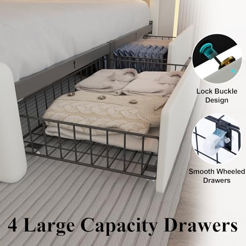 Full Size Bed Frame with 4 Storage Drawers and LED Lights, Upholstered Platform Bed with Adjustable Headboard and Charging Station, Metal Slats Support, No Box Spring Needed,Easy Assembly, White E-Motie