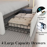 Full Size Bed Frame with 4 Storage Drawers and LED Lights, Upholstered Platform Bed with Adjustable Headboard and Charging Station, Metal Slats Support, No Box Spring Needed,Easy Assembly, White E-Motie