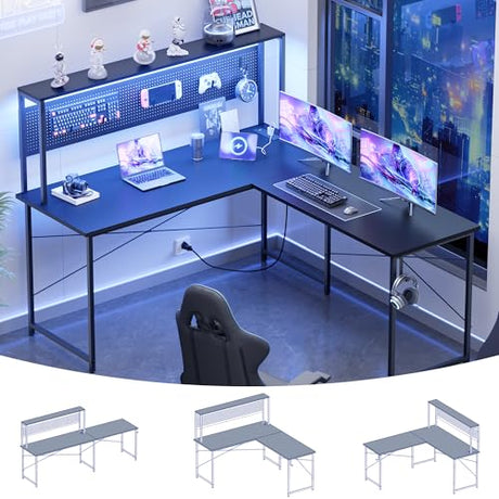 Pamray 60 Inch L Shaped Gaming Desk with LED Lights and Power Outlets Reversible Corner Computer Desk with Pegboard Storage Shelves Home Office Table for Work Study Black Pamray