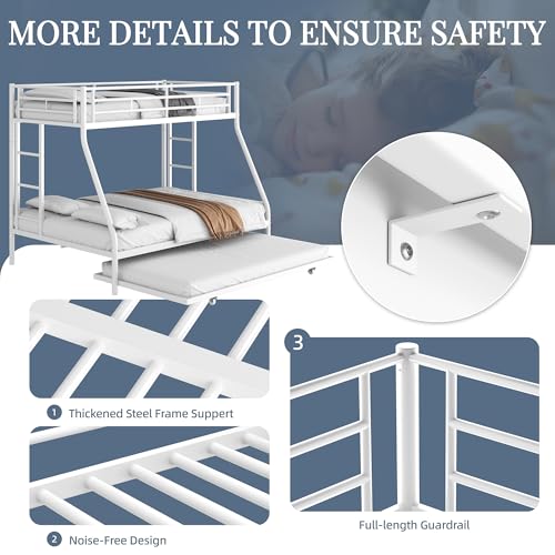 Shintenchi Bunk Bed Twin Over Full Size with Trundle, Heavy-Duty Twin&Full Frame with Full-Length Guardrail and Two Ladders, Triple for Kids, Teens and Adults, Space-Saving, White Shintenchi