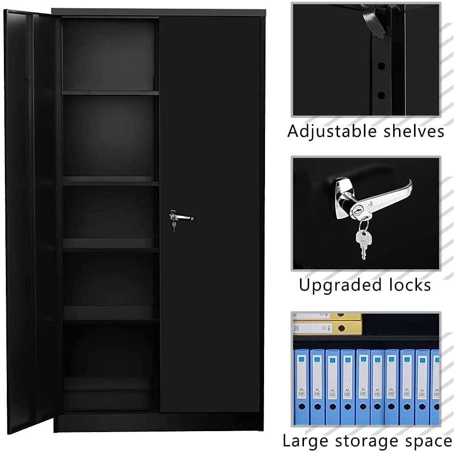 Majnesvon 72" Storage Cabinet Locking Metal Storage Cabinet with 4 Adjustable Shelves,Black Metal Cabinet with 2 Doors and Lock for Office, Garage, Home (Black) - WoodArtSupply