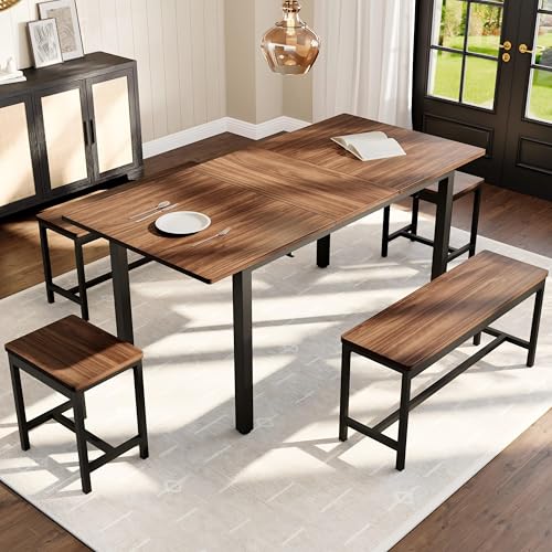IDEALHOUSE 5-Piece Extendable Dining Table Set for 4-8 People, 63 Inch Kitchen Table with 2 Benches & 2 Stools, Space Saving Modern Dining Room Furniture, Easy Assembly, Brown IDEALHOUSE