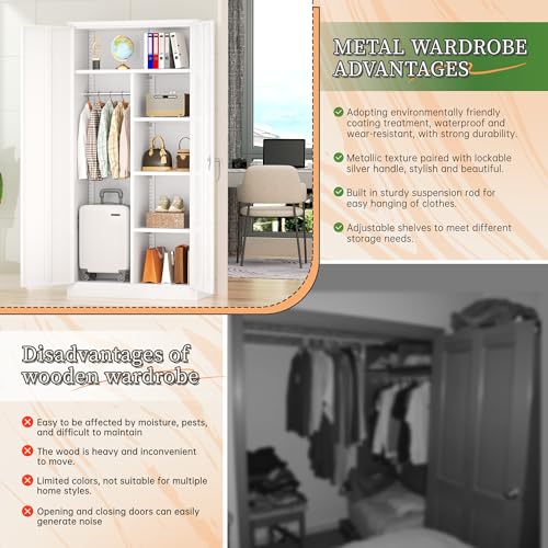Greenvelly Metal Wardrobe Cabinet with Locking Doors, 72" H x 36" W White Metal Wardrobe Closet Cabinet with Hanging Rods and Adjustable Shelves, Steel Storage Closet for Home, Office, Employee, Gym Greenvelly