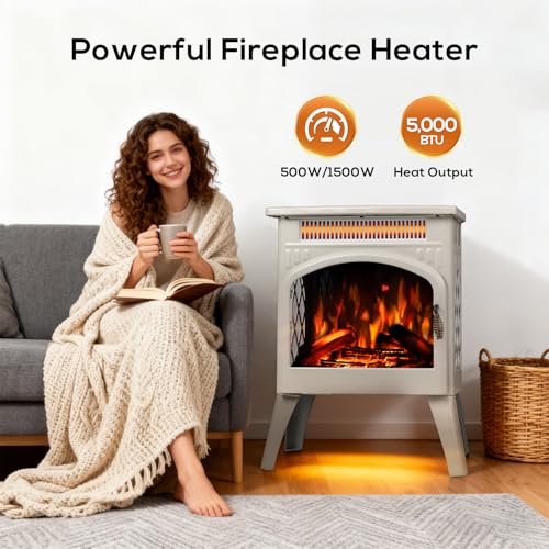 ZAFRO 21" Freestanding Electric Fireplace with Remote, Fireplace Space Heater with Adjustable Flame Color and Brightness, Thermostat/Sleep Mode/Overheat Protection for Bedroom, Living Room(Beige) ZAFRO