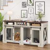 71'' Double Dog Crate Furniture – Furniture-Style Kennel with Removable Divider, Sliding Barn Door & 3 Drawers | Doubles As a TV Stand, Ideal for Large Dogs or 2 Medium Breeds (White + Walnut Finish) Loumernhant