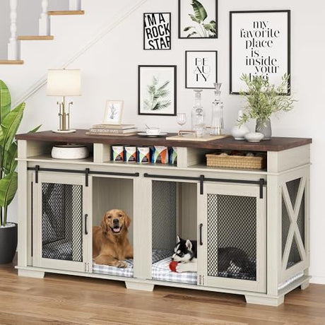 71'' Double Dog Crate Furniture – Furniture-Style Kennel with Removable Divider, Sliding Barn Door & 3 Drawers | Doubles As a TV Stand, Ideal for Large Dogs or 2 Medium Breeds (White + Walnut Finish) Loumernhant