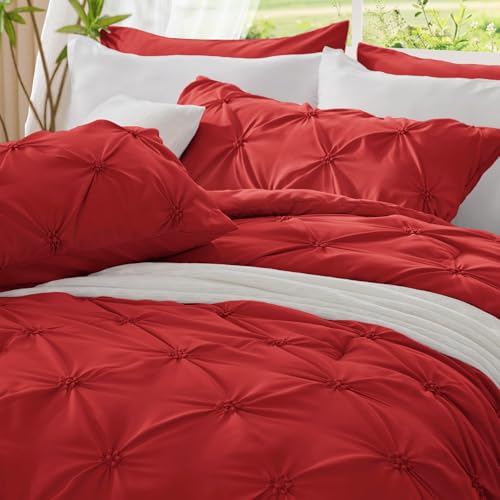 BEDELITE Red Queen Comforter Set - 3 Pieces Boho Pintuck Bedding Comforter Sets, Lightweight Soft & Warm Bed Comforter Queen with 2 Pillowcases for All Season BEDELITE