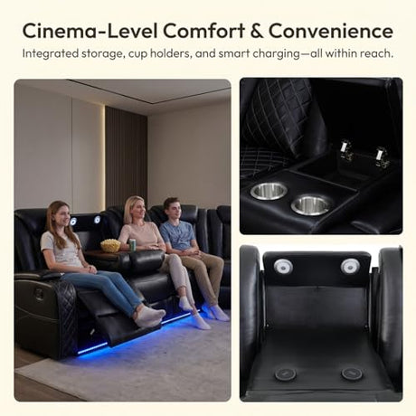 Bicerkib Leather Sectional Sofa with Recliner,Power Recliner Sectional Couches for Living Room Furniture Sets,Leather L Shaped Reclining Sofa with LED Lights/Storage Console/Cup Holders,Black Bicerkib