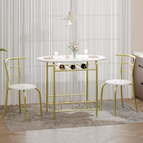VECELO 3-Piece Dining Table Set for Kitchen Breakfast Nook, Wood Grain Oval Tabletop and Metal Frame with Built-in Wine Rack, for Small Spaces, White & Gold VECELO