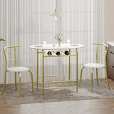 VECELO 3-Piece Dining Table Set for Kitchen Breakfast Nook, Wood Grain Oval Tabletop and Metal Frame with Built-in Wine Rack, for Small Spaces, White & Gold VECELO