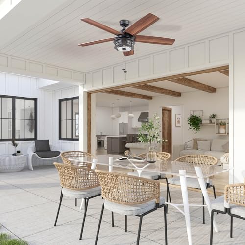 Honeywell Ceiling Fans Foxhaven Farmhouse 52 Inch Ceiling Fan with Light, Outdoor Fan/Indoor Dual-Mount LED Ceiling Fan, 5 Blades, Gray Cedar and Walnut Blade Finish Options, Matte Black (51631-01) Honeywell Ceiling Fans