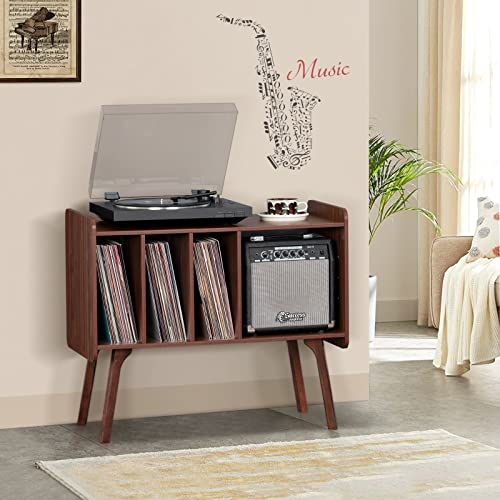 Lerliuo Record Player Stand with 4 Cabinet Holds Up to 220 Albums, Large Turntable Stand with Beech Wood Legs, Mid-Century Record Player Table,Walnut Vinyl Holder Storage Shelf for Bedroom Living Room Lerliuo