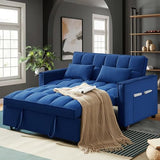 SumKea 55'' 3-in-1 Sleeper Loveseat, 2-Seater Pull Out Couch, Velvet Futon Sofa Adjustable Backrest, Reclining Sofa Bed with Pillows, Pockets, Perfect for Small Spaces, Living Room Furniture, Blue SumKea