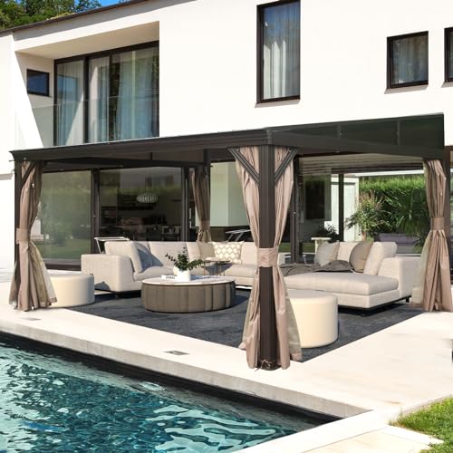 DOMI 12x14FT Lean to Gazebo, Outdoor Hardtop Wall Mounted Gazebo with Sloping Galvanized Steel Roof, Durable Aluminum Frame, Netting Curtain for Deck, Porch, Backyard domi outdoor living