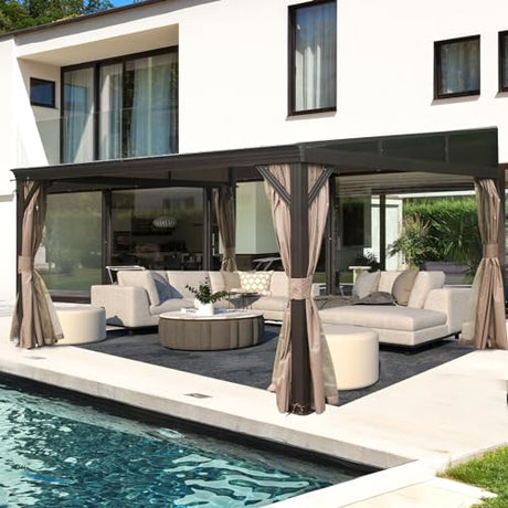 DOMI 12x14FT Lean to Gazebo, Outdoor Hardtop Wall Mounted Gazebo with Sloping Galvanized Steel Roof, Durable Aluminum Frame, Netting Curtain for Deck, Porch, Backyard domi outdoor living