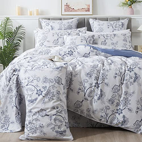 FADFAY Duvet Cover Set King/Cal King Floral Bedding Percale Cotton 600 TC Classical Toile Luxury Reversible Light Blue Shabby Vintage Farmhouse Minimalist Chic Comforter Cover Soft Breathable 3Pcs FADFAY