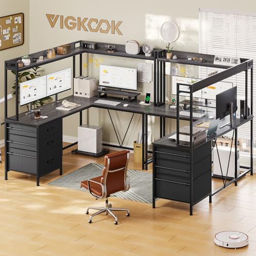 VIGKOOK L Shaped Gaming Desk with Shelves, Reversible Computer Desk with Power Outlet & LED Lights, Home Office Desks Writing Desk with 3 Drawers Monitor Stand Storage Hutch (Grey) VIGKOOK