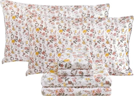 Viviland Floral Queen Sheet Set - 4 Piece Vintage Pink & Yellow Flower Patterned Bed Sheets - Soft, Breathable Microfiber Sheets with Deep Pocket, Non-Slip Fitted Sheets & Pillowcases Viviland