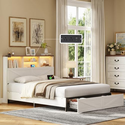 ROCHECASA Modern White Queen Bed Frame with Bookshelf Headboard, Storage Drawers, Charging Station, and LED Lighting - WoodArtSupply