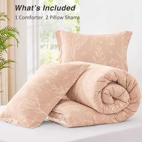Love's cabin Pink Full Size Comforter Set - Full Comforter Set, 3 Pieces Cute Floral Bedding Sets for All Seasons,1 Soft Reversible Botanical Flowers Comforter and 2 Pillow Shams Love's cabin