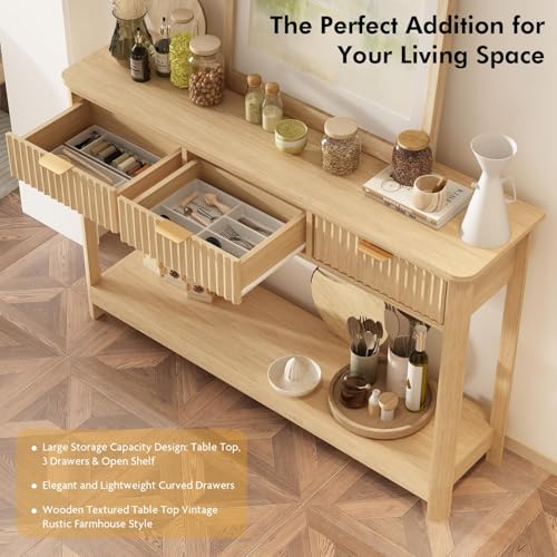 RUSTOWN Fluted Wood Console Table with 3 Drawers, Boho Narrow Behind Couch Entryway Table with Open Storage Shelf, Modern Sofa Table for Living Room, Foyer and Hallway (Natural Wood) RUSTOWN