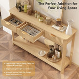 RUSTOWN Fluted Wood Console Table with 3 Drawers, Boho Narrow Behind Couch Entryway Table with Open Storage Shelf, Modern Sofa Table for Living Room, Foyer and Hallway (Natural Wood) RUSTOWN