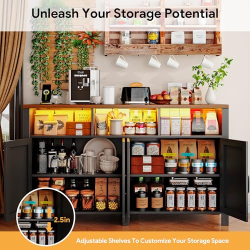 knoworld Buffet Sideboard with Storage with Power Outlets & LED Light 4 Doors, 55'' Large Farmhouse Kitchen Storage Cabinet Wood Coffee Bar Cabinet Buffet Table for Kitchen, Dining Room, Entryway knoworld